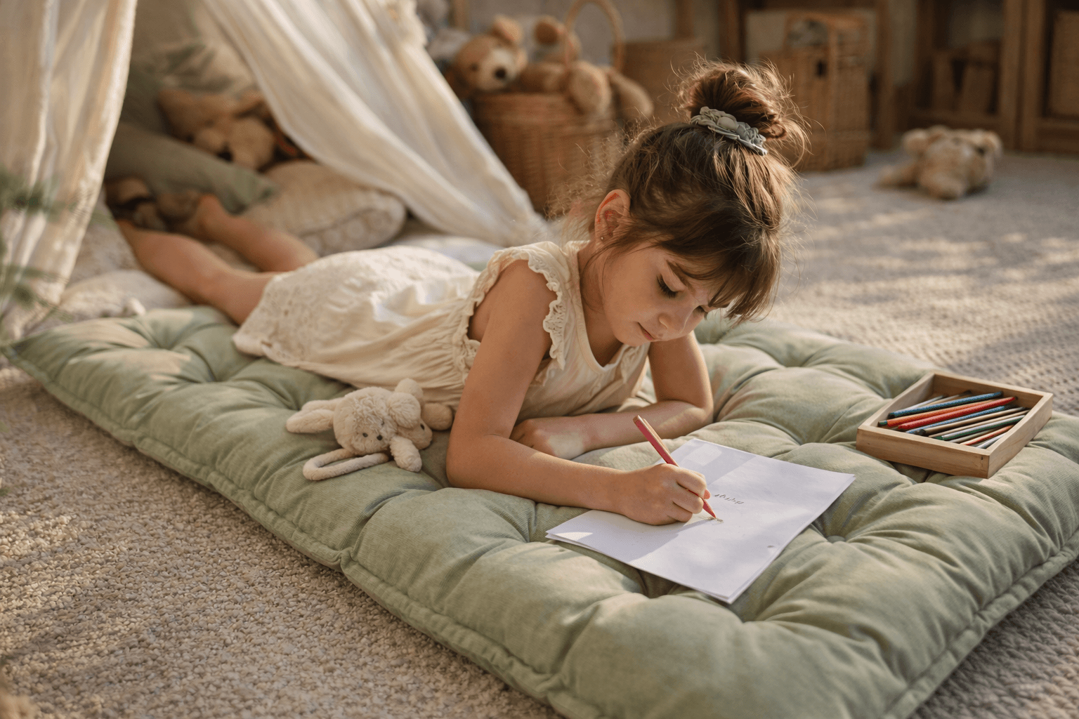 Child drawing on floor cushion