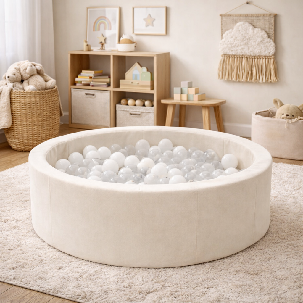 Foam Ball Pit for Child | Beige | 200 Balls White/Transparent